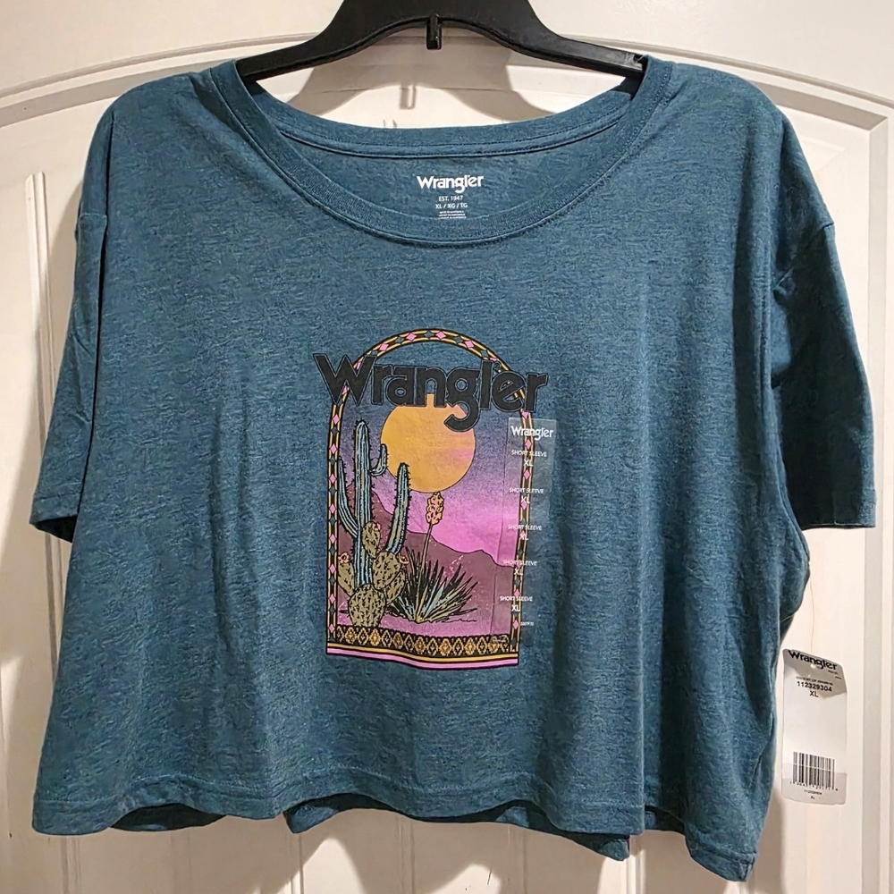 Wrangler Desert Sunset Cactus Crop T-Shirt Tee | Teal Blue-Green | Women's XL